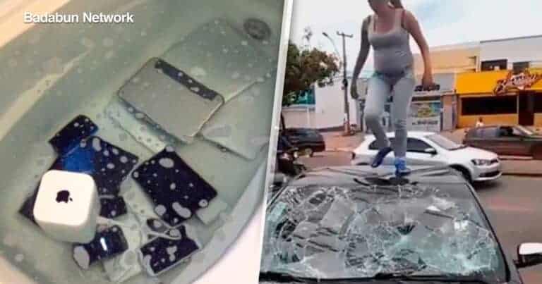 Kobieta skacze po rozbitym samochodzie na ulicy.