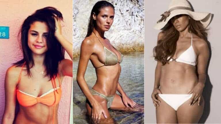 Trzy kobiety w bikini i kapelusz na plaży i w plenerze.
