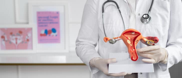 Lekarz trzyma model anatomiczny macicy z jajnikami i jajowodami.