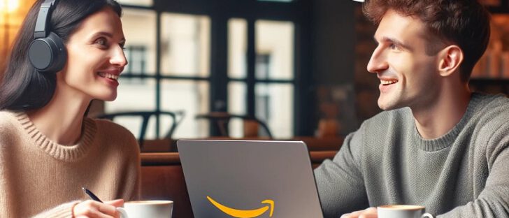 Dwoje ludzi rozmawia o nazwach Emejzon i Amazon przy laptopie.