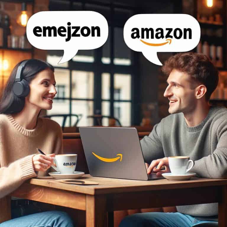 Dwoje ludzi rozmawia o nazwach Emejzon i Amazon przy laptopie.