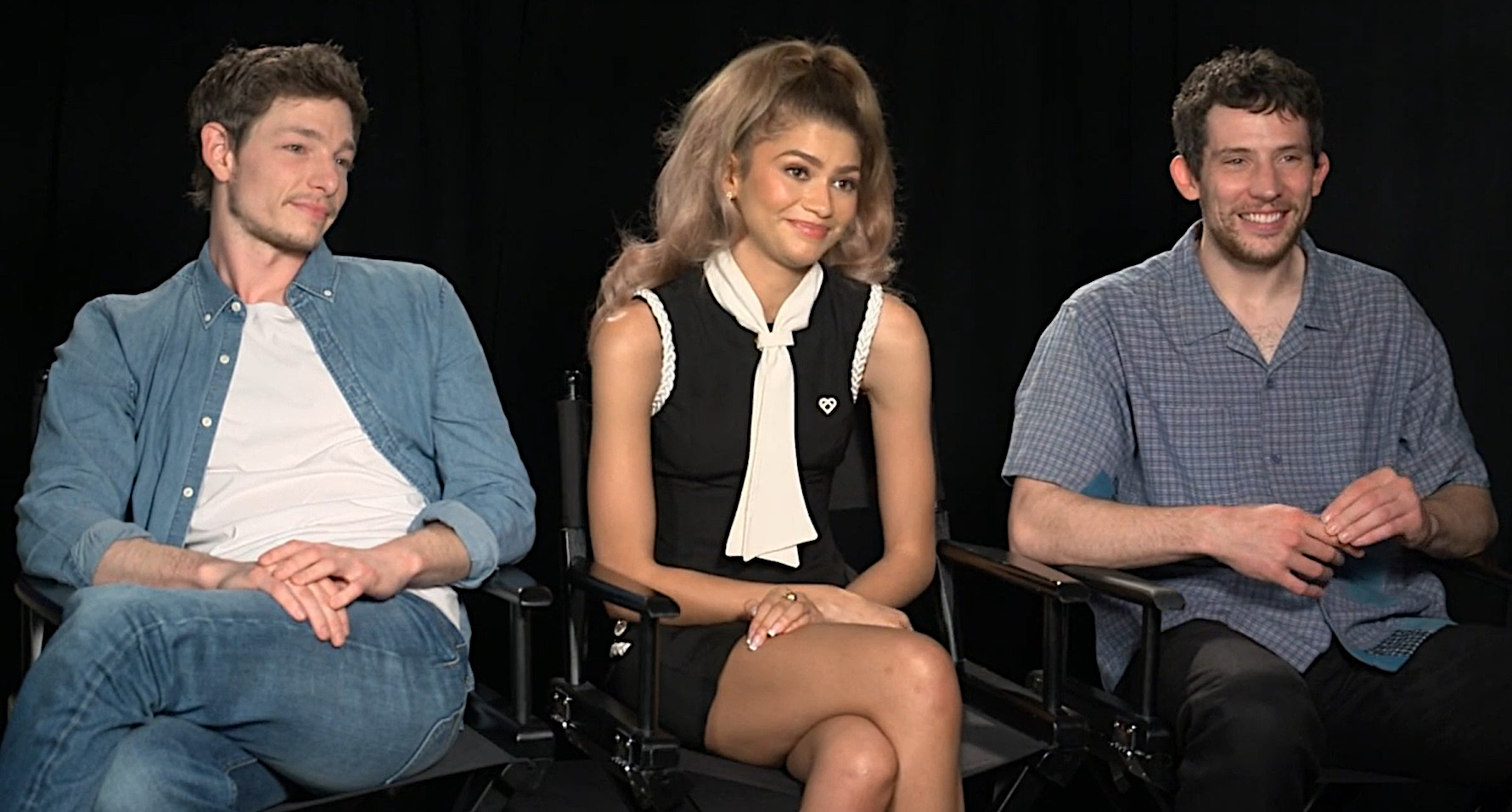 Zendaya z Mikiem Faistem i Joshem O'Connorem podczas wywiadu promującego film Challengers 22 kwietnia 2024 roku